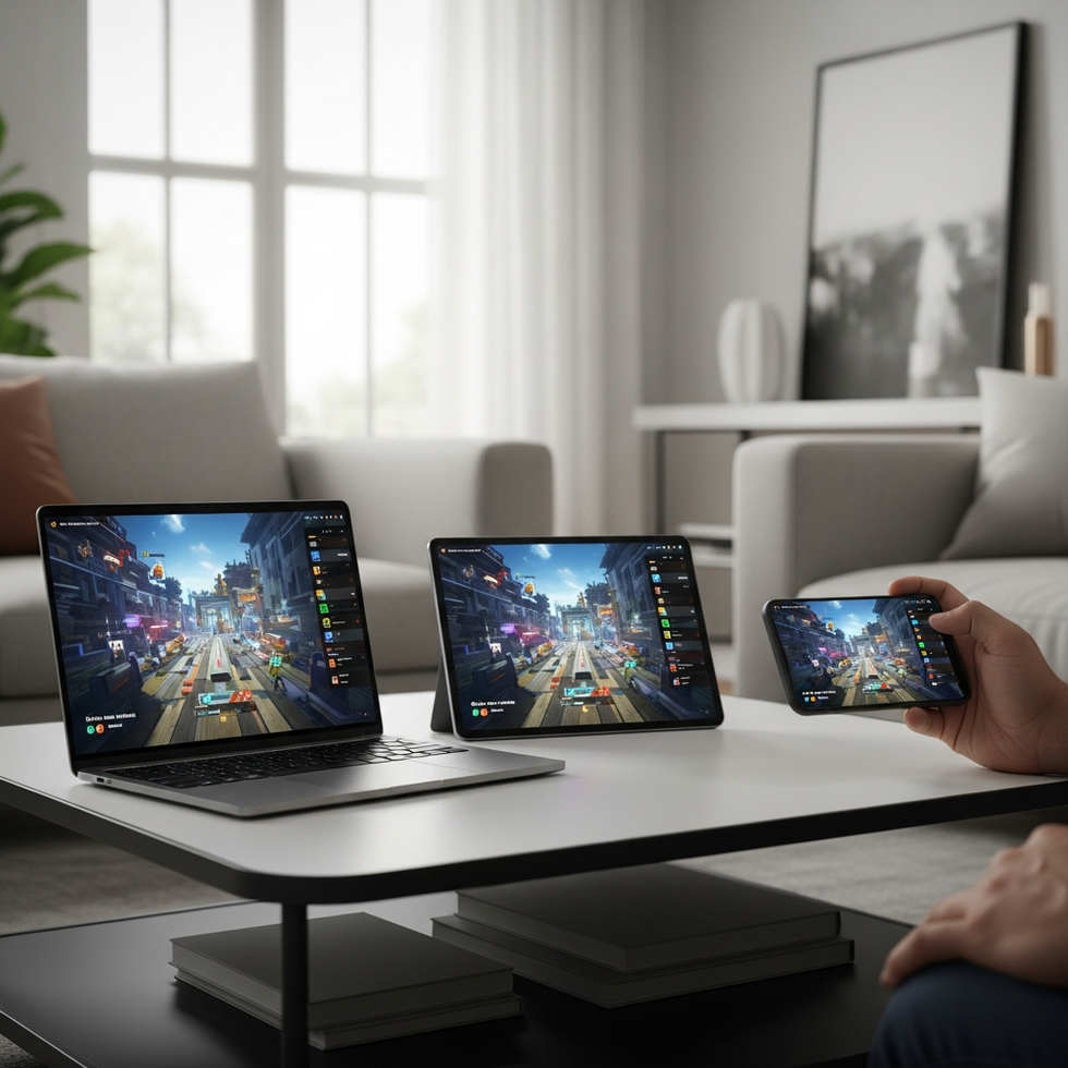 An illustration of various gaming devices including laptops, tablets, and smartphones streaming the same game, representing cross-device gameplay.