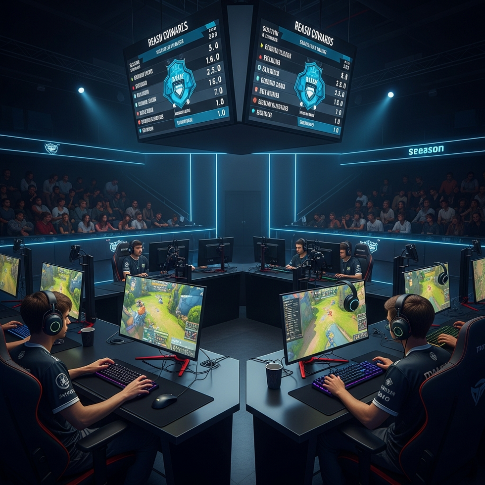 An esports tournament scene with players competing in a new seasonal map, viewers watching live streams, and digital scoreboards showing season-based stats and rewards.