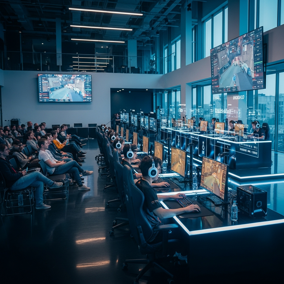 A futuristic esports arena with players competing in an event powered by AR and real-time dynamic updates, with fans watching on multiple screens.