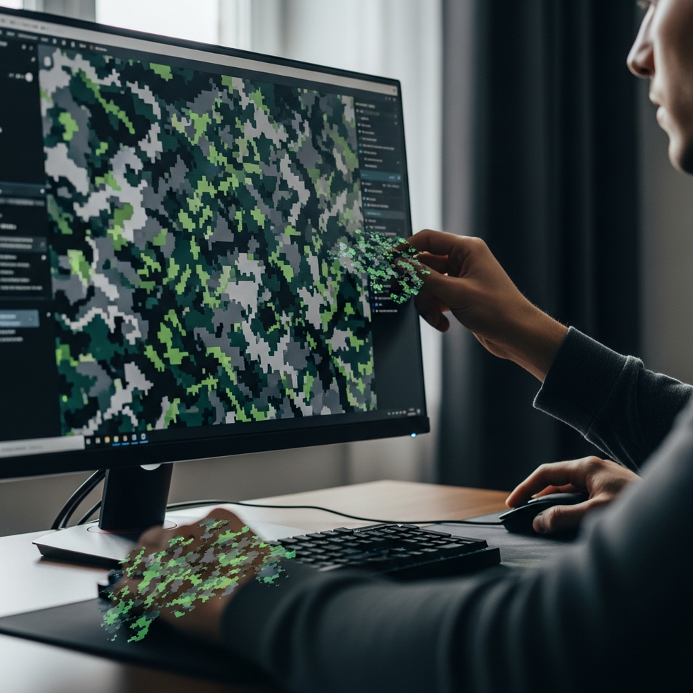 Close-up image of a gamer applying camouflage modeling in a video game setup, with digital camouflage patterns displayed