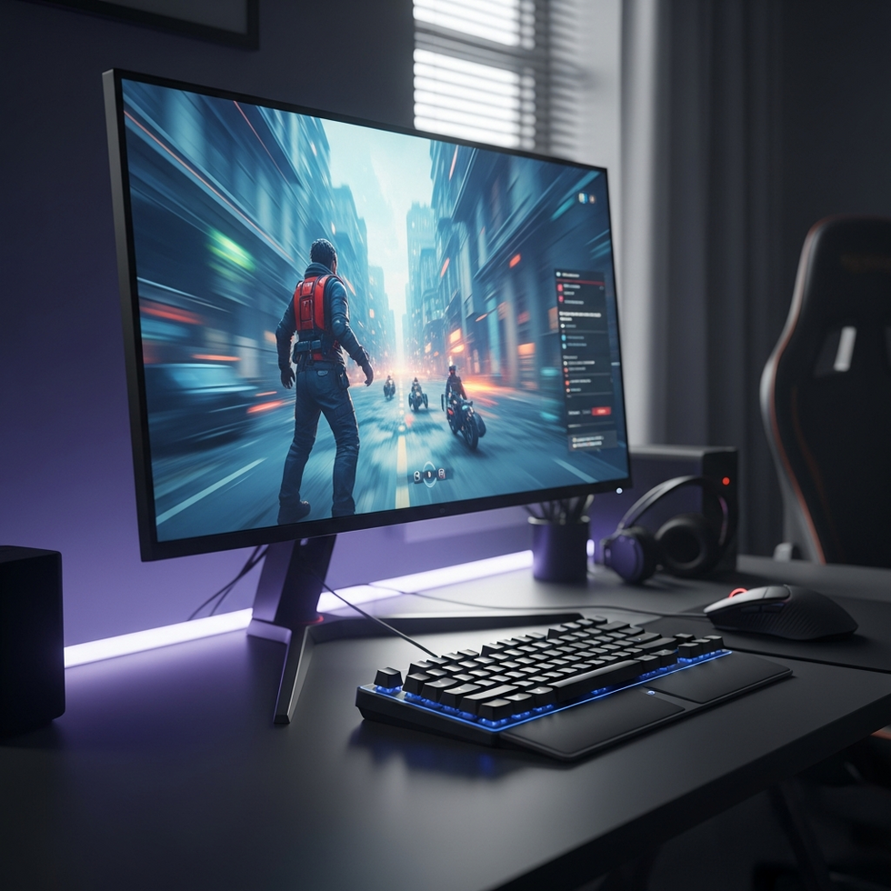 Close-up of a high-end gaming setup with a monitor showcasing smooth gameplay, highlighting lowered latency and improved graphics.