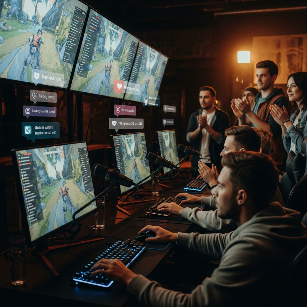 A lively streaming setup with gamers, fans, and community members interacting during a seasonal esports event, with dynamic overlays and social media chatter.