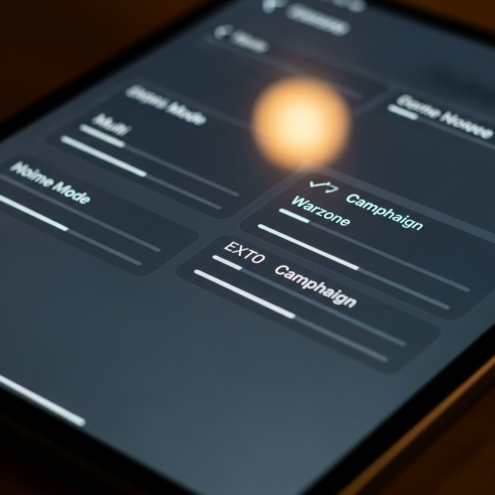 A detailed illustration of the app showing progress bars for each game mode, highlighting Multi, Zombies, Warzone, and Campaign sections