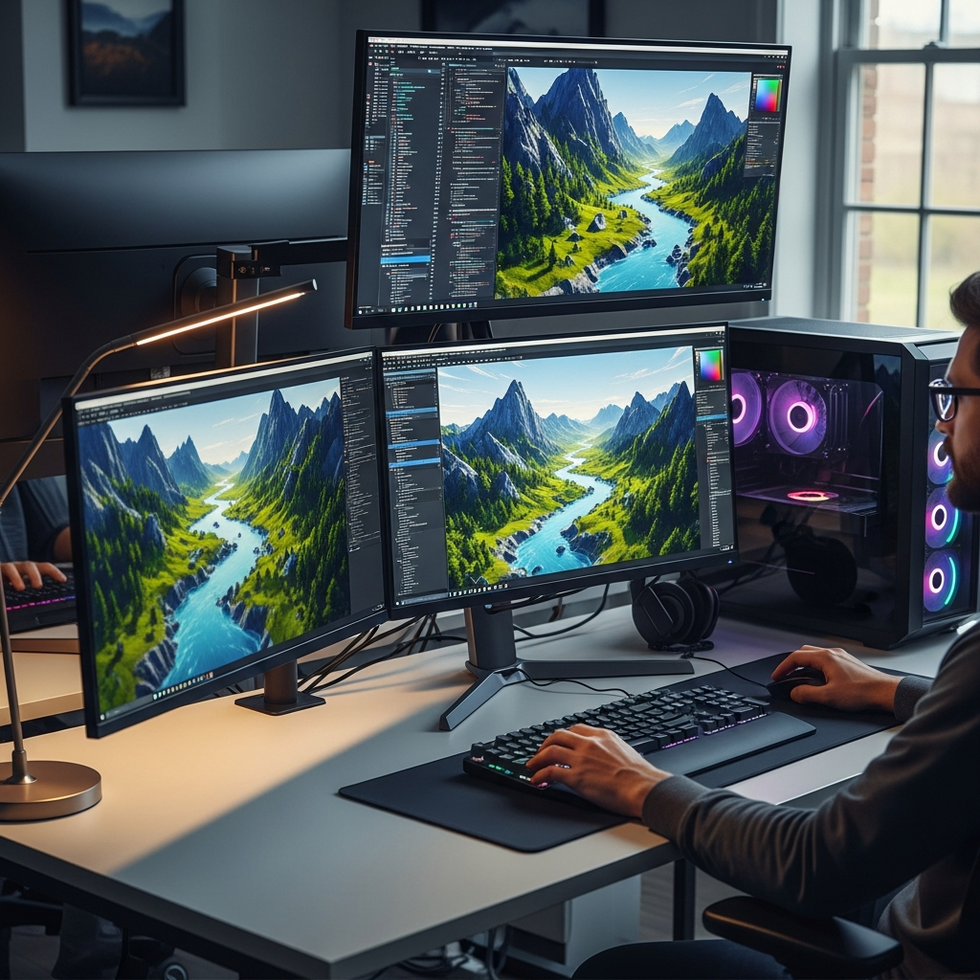 An illustration showing AI-powered procedural generation creating dynamic game worlds.