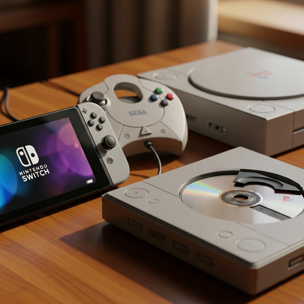 a collage of classic gaming consoles including the Nintendo Switch, Sega Dreamcast, and PlayStation 1 with vibrant nostalgic elements