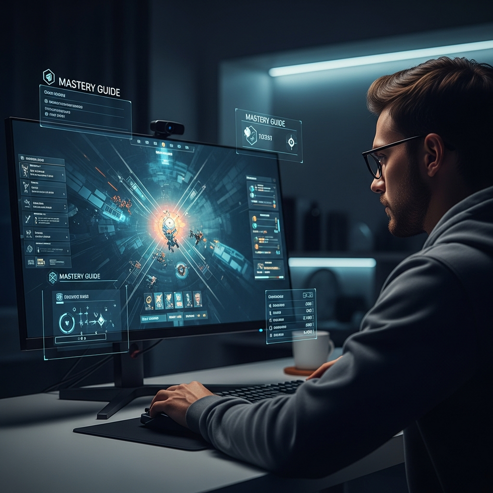 An illustration of a gamer immersed in a strategic game with overlayed mastery-guide elements and HUD overlays on screen