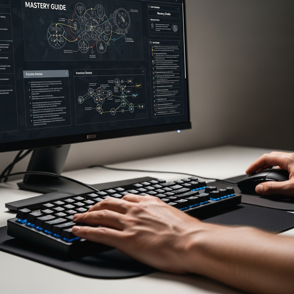A close-up of a gamer’s hands on keyboard and mouse with a screen displaying strategy diagrams from a mastery-guide.