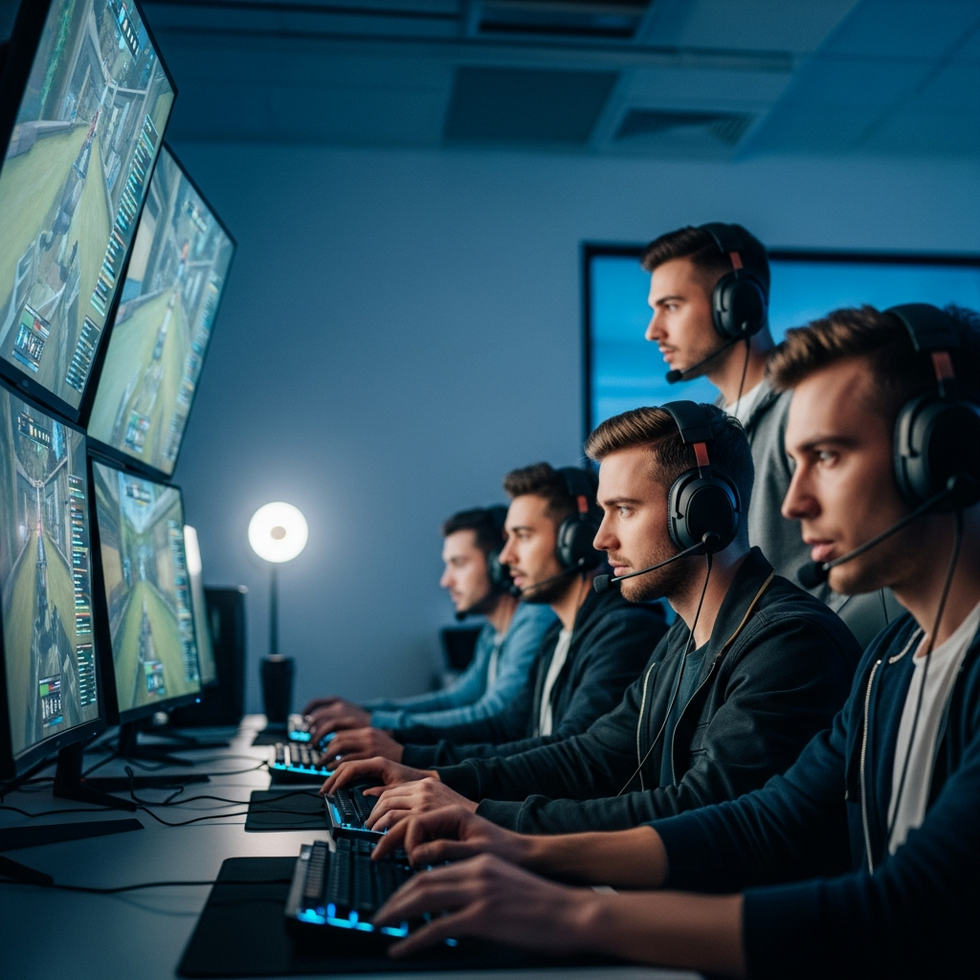 Screenshot of a team strategizing during an esports match with a tactical overlay on the screen