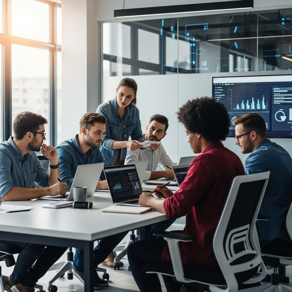 a scene depicting a game developer team discussing player support initiatives in a modern office