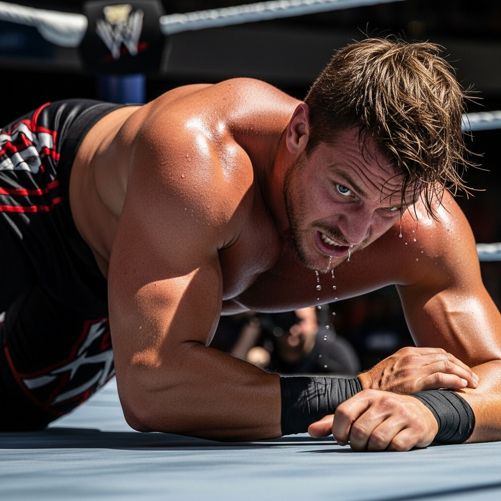 Close-up of a wrestler executing a signature move during a match on The Island in WWE 2K26, showcasing detailed character animations