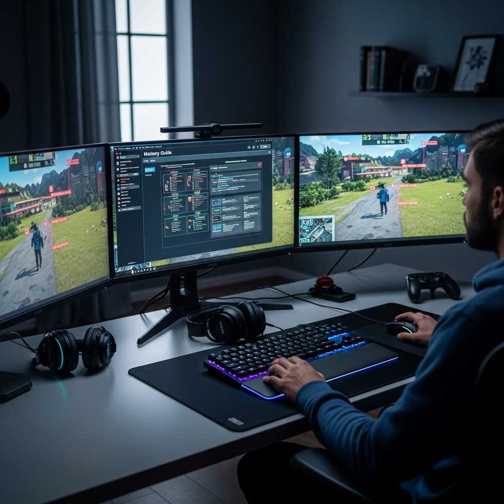 A gamer studying a detailed mastery guide on a large screen, surrounded by gaming gear and monitors showing competitive gameplay.