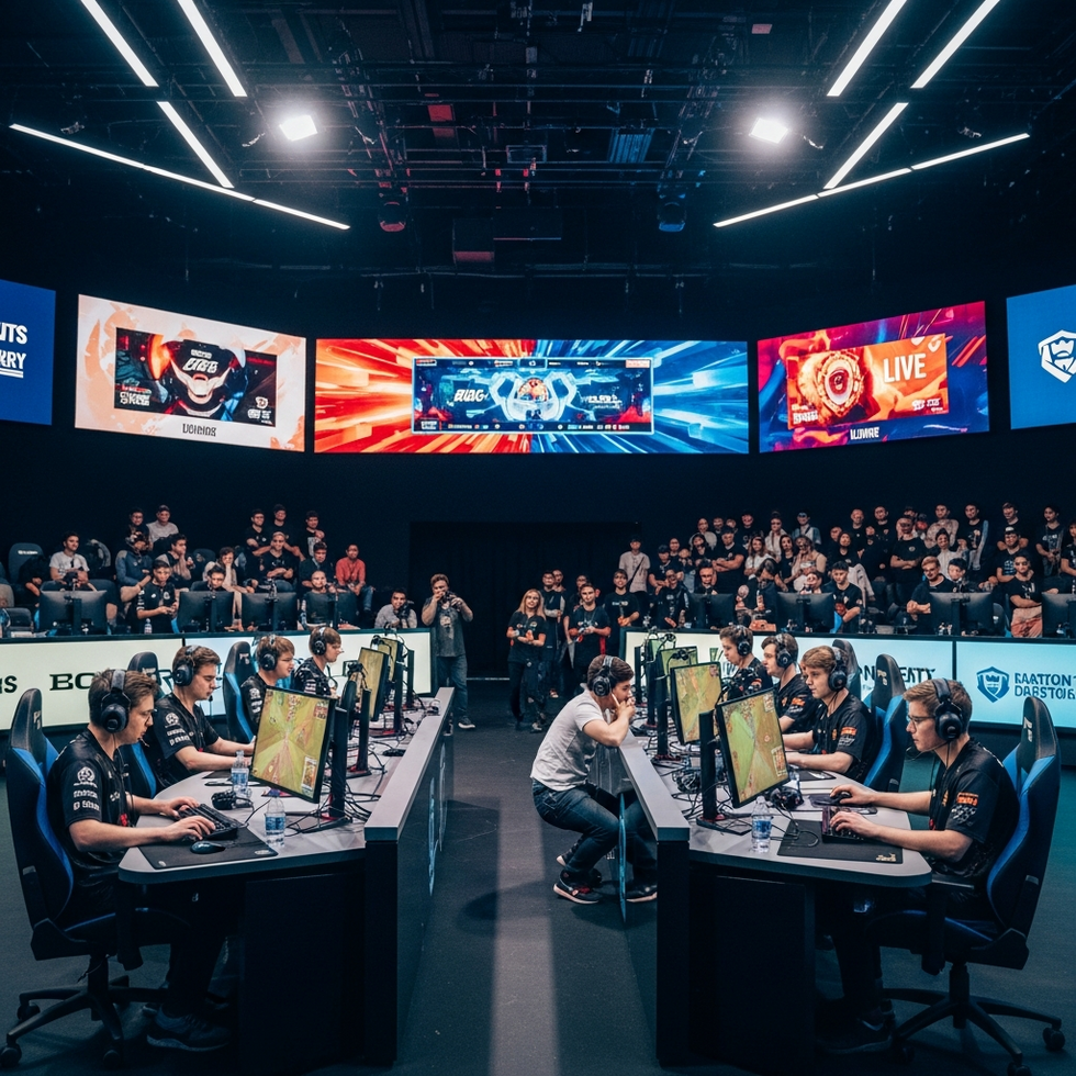 A snapshot of an esports tournament with teams competing in a new seasonal mode, featuring vibrant graphics and live commentary.