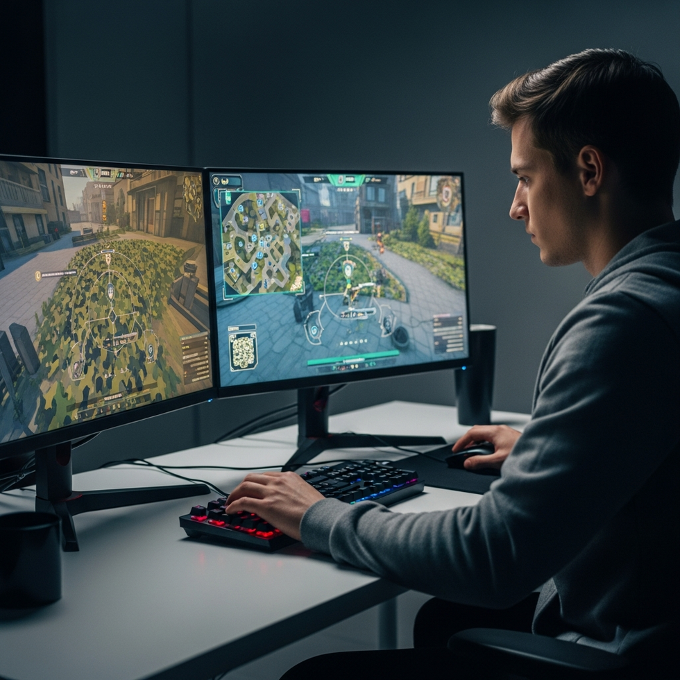 An esports player studying in-game maps with overlayed camouflage tactics, demonstrating strategic planning.