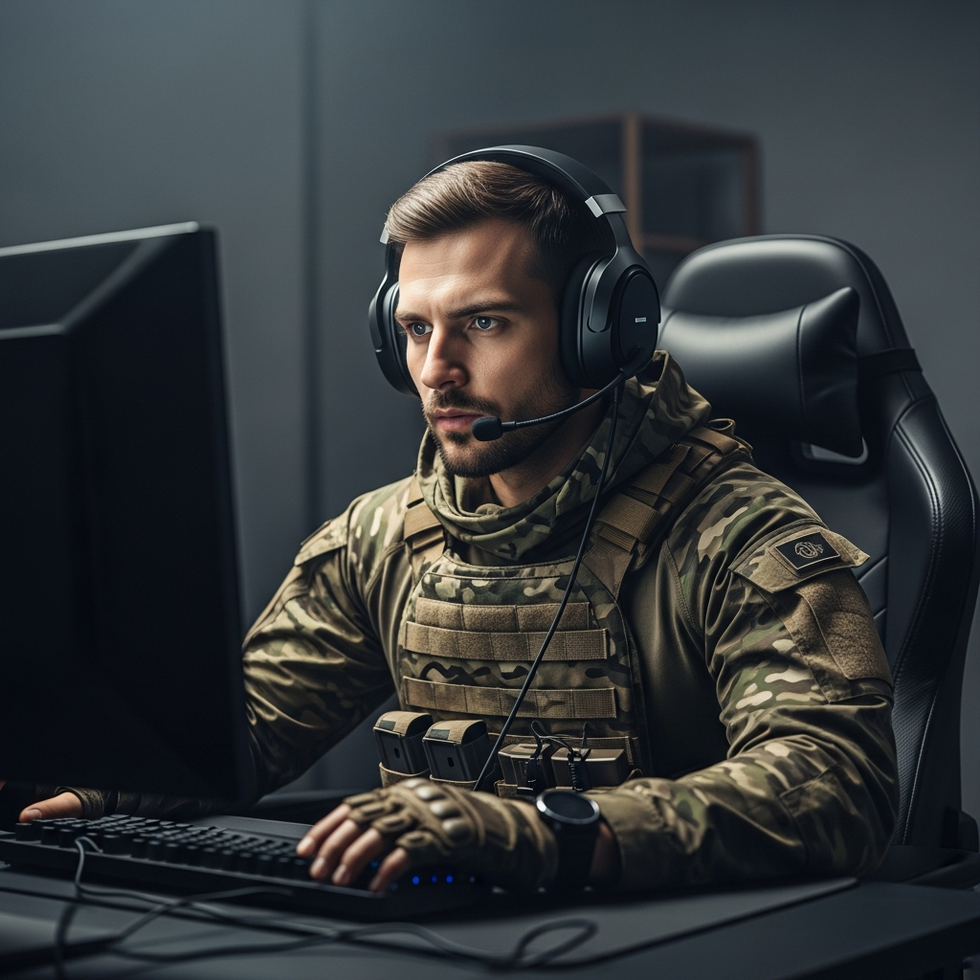 A professional gamer fully equipped with camouflage gear playing in a dimly lit environment, emphasizing stealth tactics.