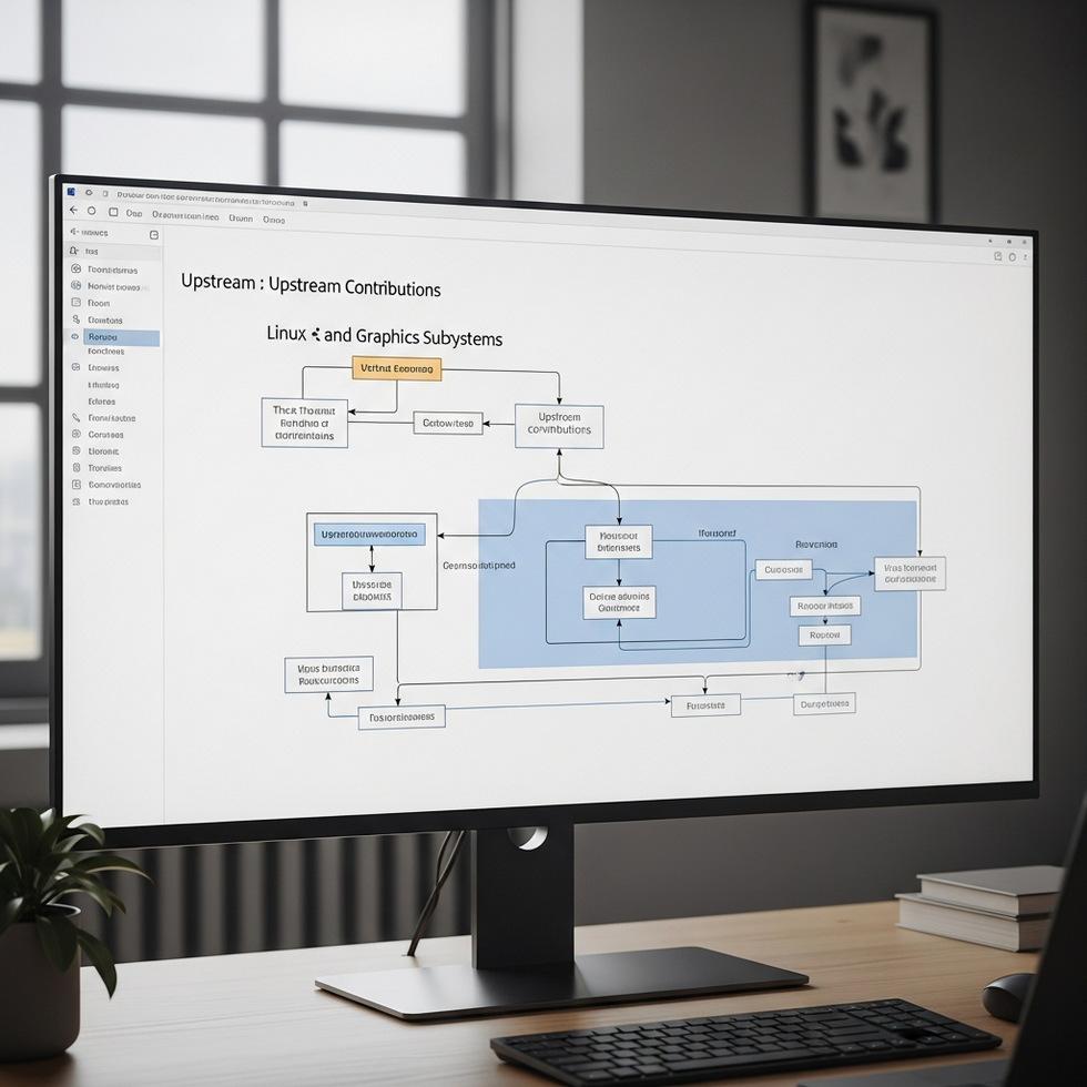 A technical diagram showing the flow of upstream contributions into the Linux kernel and graphics subsystems