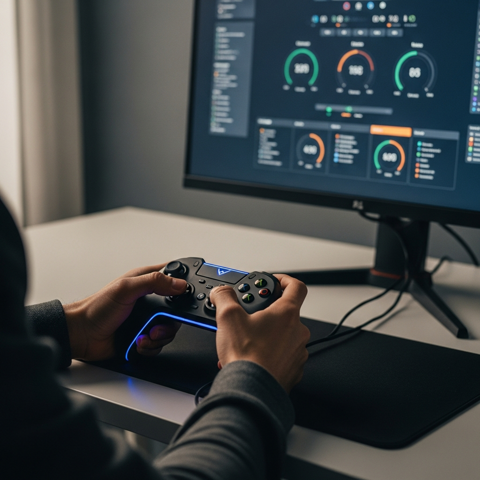 A player using a high-tech gaming controller and monitoring advanced performance metrics on a device