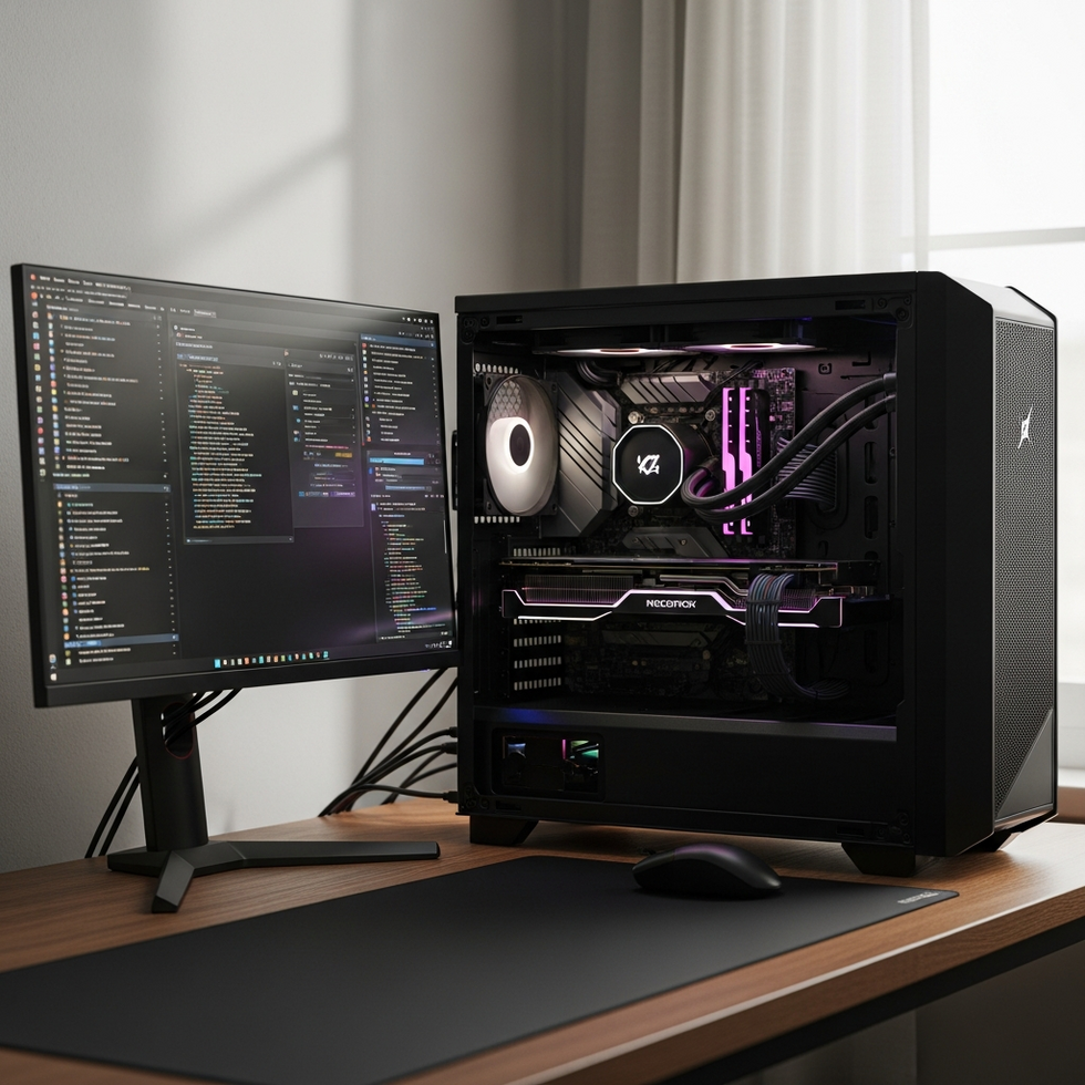 An image showing a gaming PC with multiple hardware components and Linux OS interface