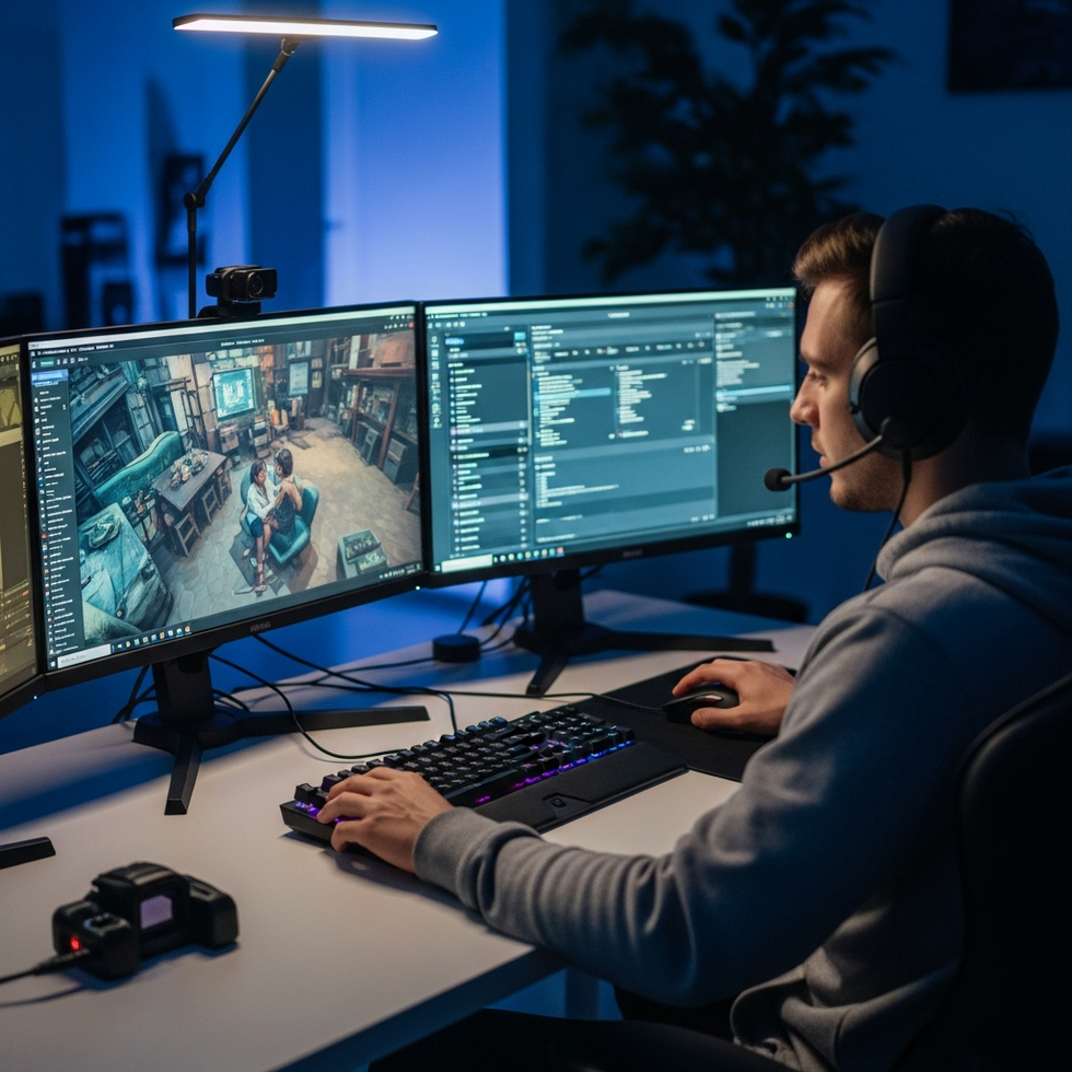 A gamer using multiple screens and analytics software during a live esports session