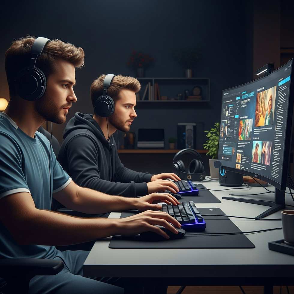 Professional esports players studying detailed strategy videos and mastery guides during training sessions.