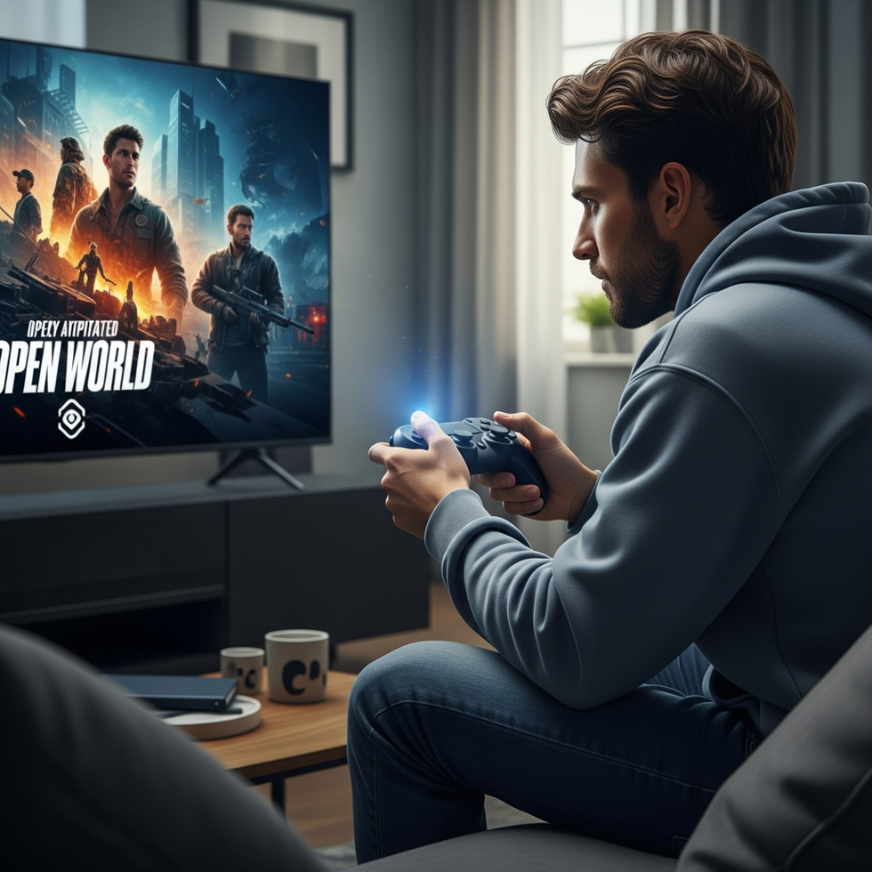 a heartfelt moment of a gaming fan holding a controller with GTA 6 artwork in the background