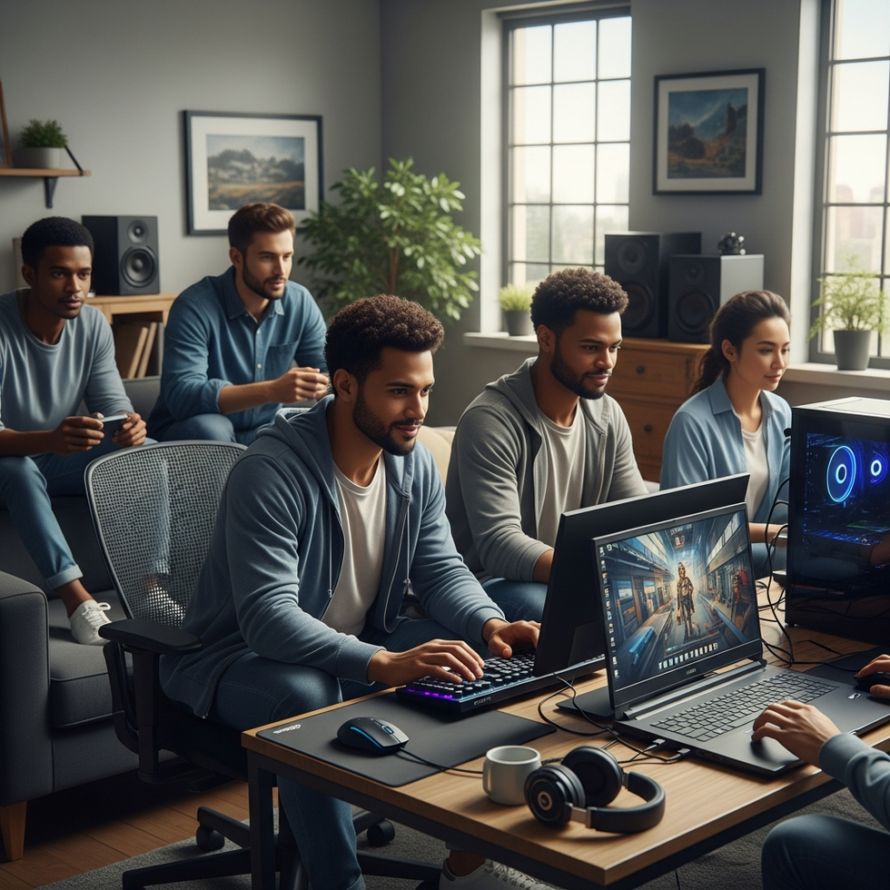 An illustration of diverse gamers happily playing on Linux systems with modern hardware