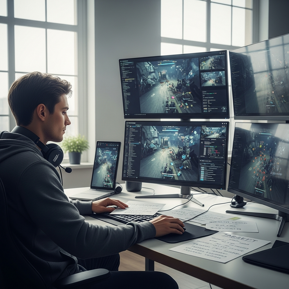 A gamer reviewing gameplay footage on multiple screens with notes and analysis tools, improving tactics
