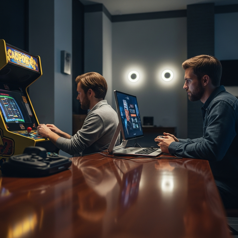 image of players engaging with retro arcade machines and modern remastered consoles side by side
