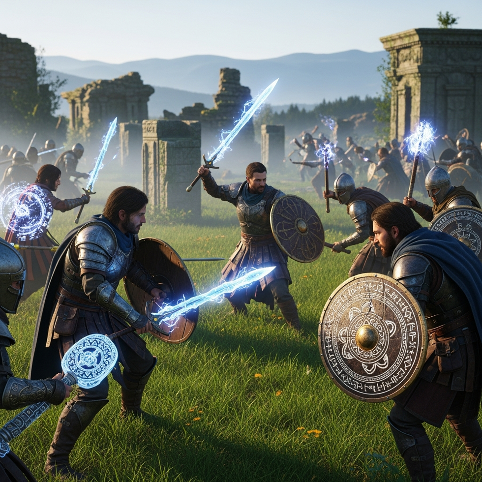 A vibrant fantasy battlefield with characters wielding magical weapons and ancient relics, illustrating immersive lore