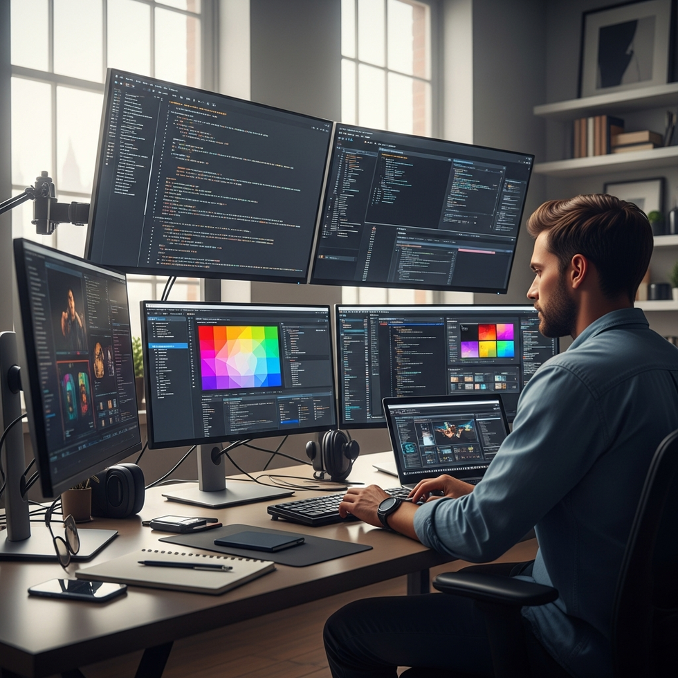 A concept image of a game developer working alongside AI tools on multiple screens, with code and creative assets visible.