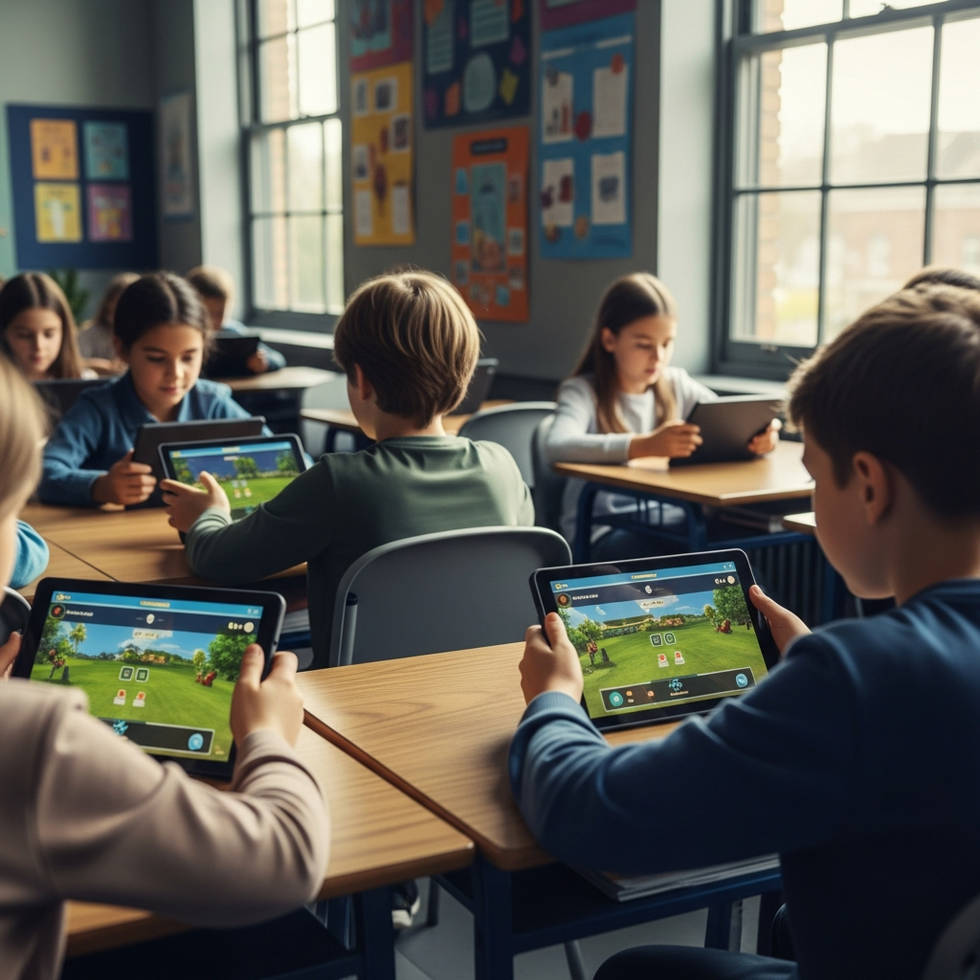 children playing educational strategy video games in a classroom