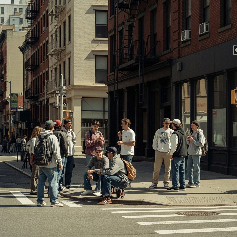 A pixel-art depiction of college students in early 2000s New York, capturing the nostalgic aesthetic of Perfect Tides