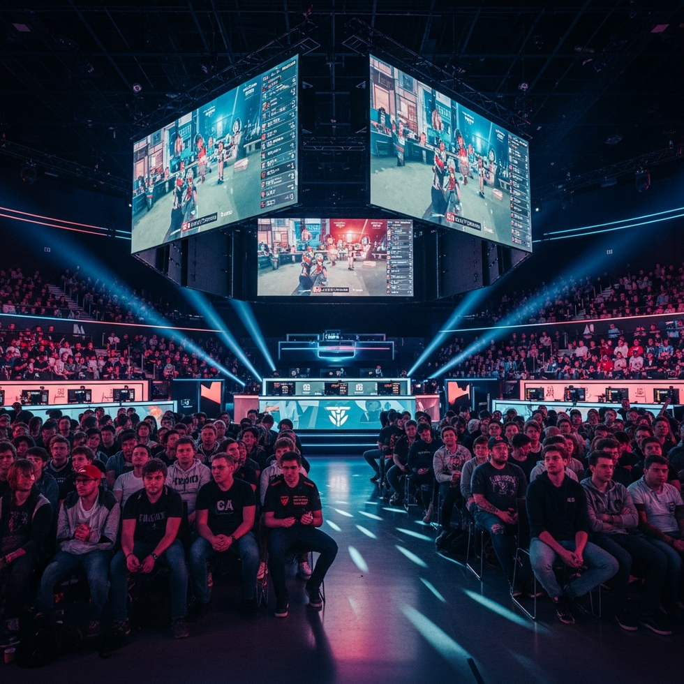 An esports arena filled with fans during a seasonal tournament, screens displaying themed overlays, capturing the excitement of seasonal esports events.