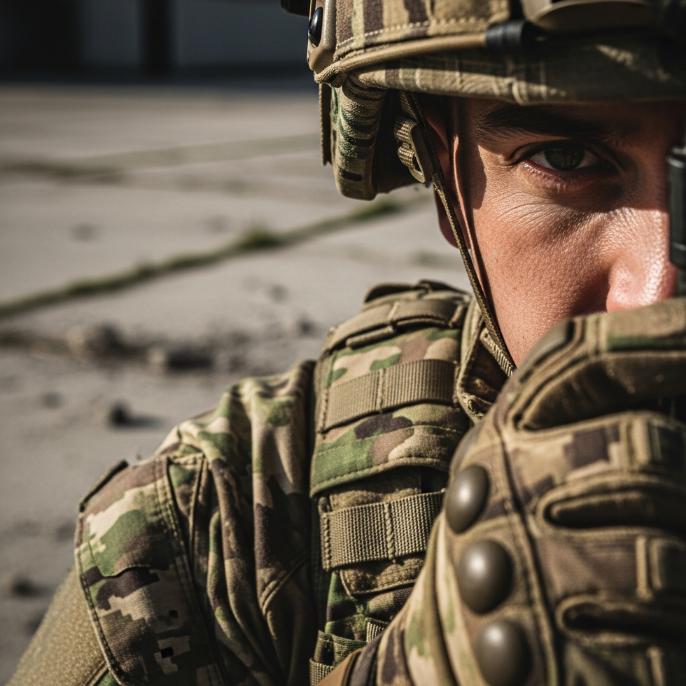 Close-up of a player character in Call of Duty with detailed camo patterns during a tactical engagement