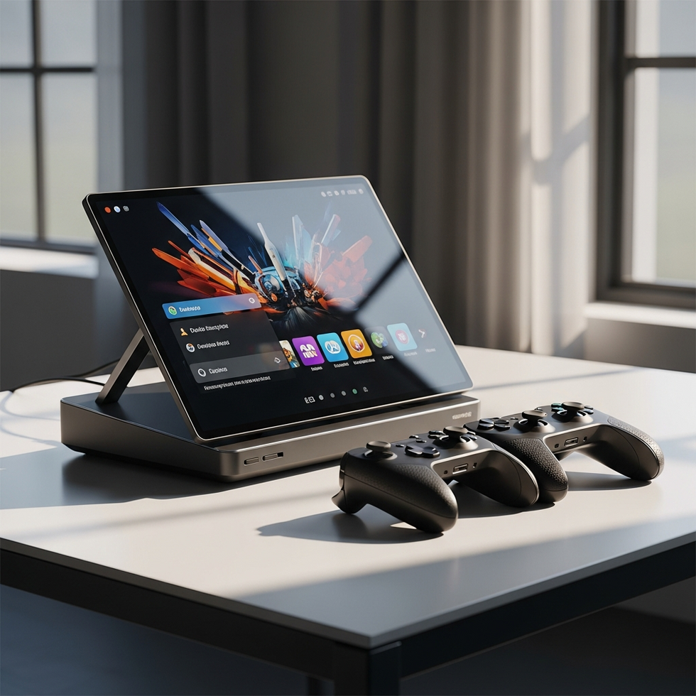 Nintendo Switch 2 image prompt: a showcasing of the new Nintendo Switch 2 console with advanced features highlighted