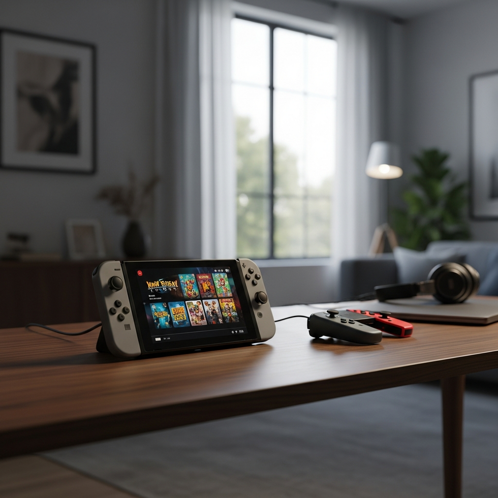 Nintendo Switch sales milestone image prompt: a sleek Nintendo Switch console displaying popular game titles on a modern gaming setup