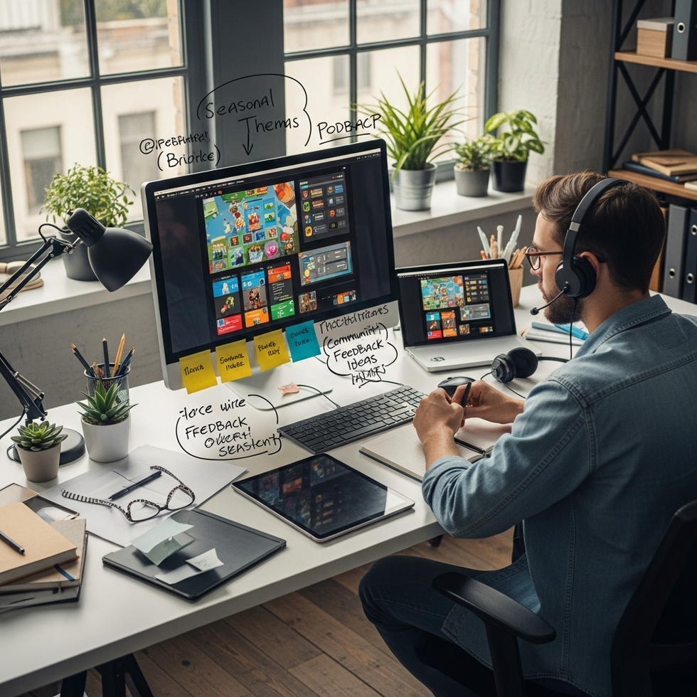 Game developer designing seasonal update content with community feedback sessions and creative brainstorming