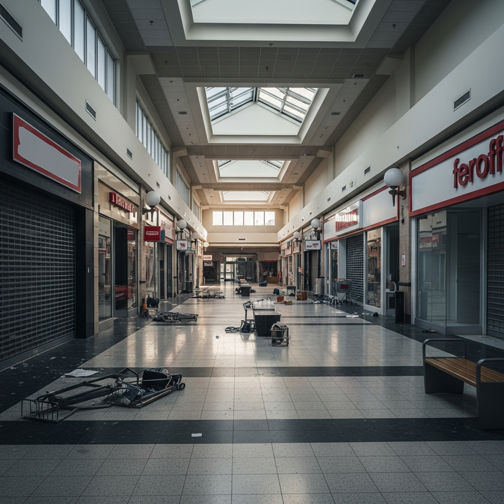 An expansive shopping mall with closed storefronts and empty aisles illustrating the decline of traditional retail spaces