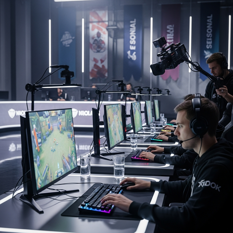 esports tournament A dynamic esports tournament scene with players, screens, and seasonal branding elements