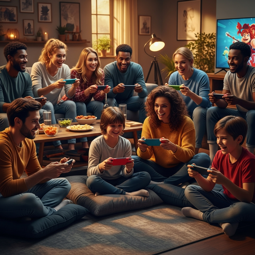 Nintendo Switch popular titles image prompt: a lively scene of players enjoying Nintendo Switch games with friends and family