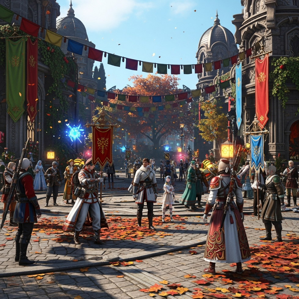 A vibrant in-game scene showcasing a seasonal event with themed skins, characters, and decorations, illustrating the lively atmosphere of seasonal updates.