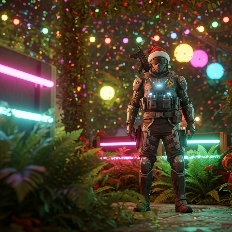 seasonal upgrades Visual of a game character receiving a seasonal upgrade in a vibrant game environment, neon effects, festive atmosphere