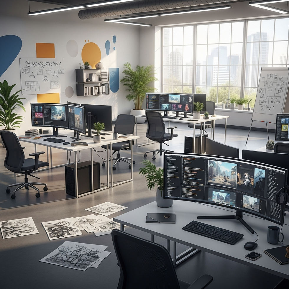 An illustration of a game development studio in transition, with branding elements representing independence and innovation.