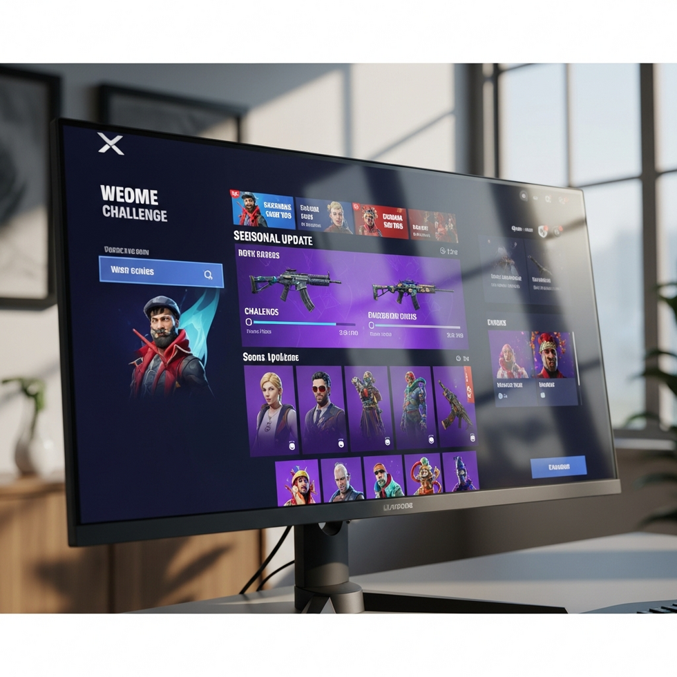 Visual representation of a seasonal gaming update showing new themed skins, challenges, and event banners in a popular game interface