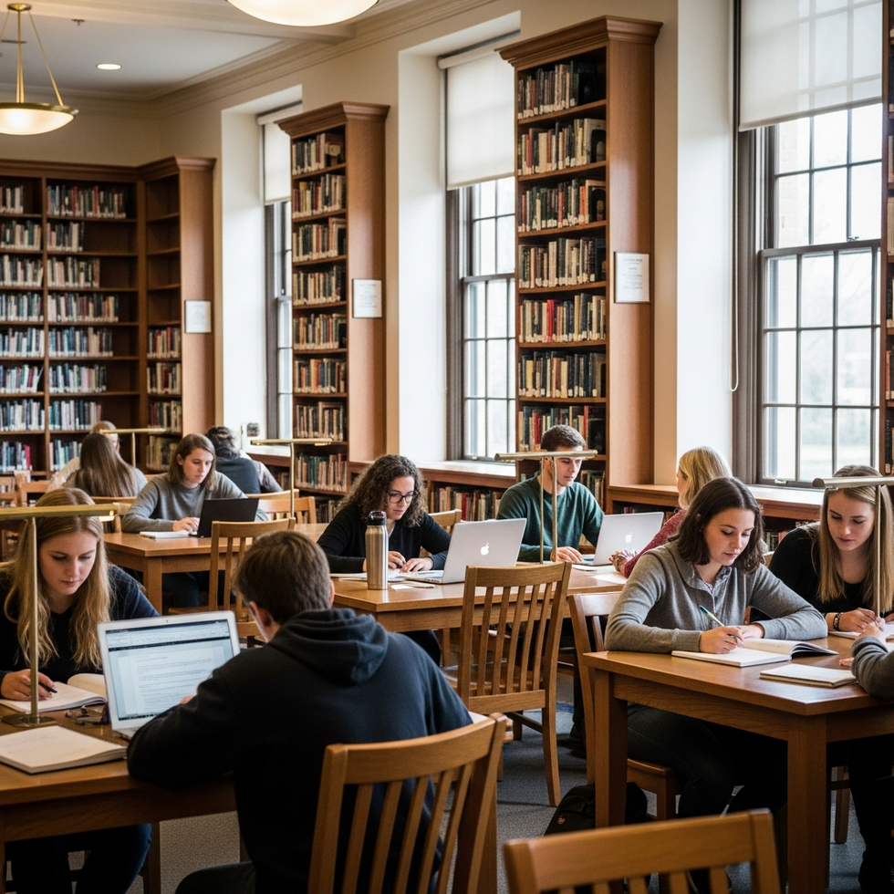 A nostalgic pixel art scene of a college library filled with students studying and socializing in Perfect Tides