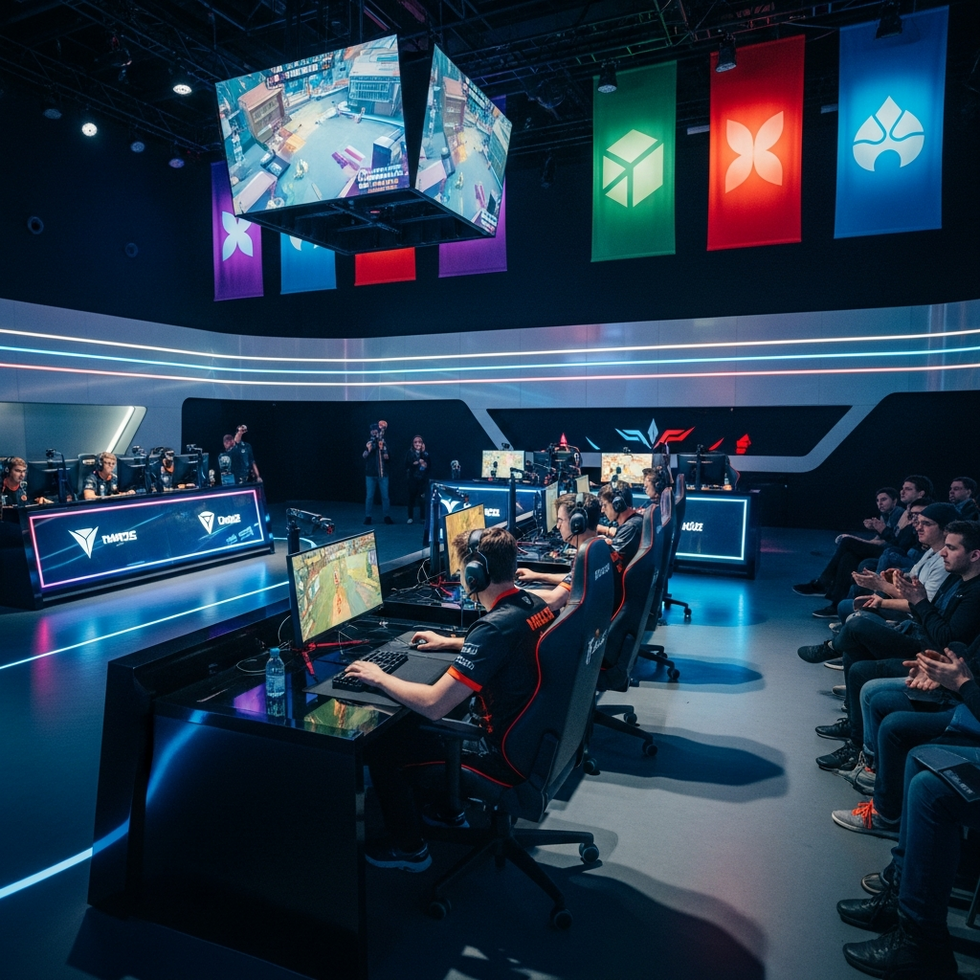 Esports arena with players competing during a seasonal tournament featuring thematic banners and live audience