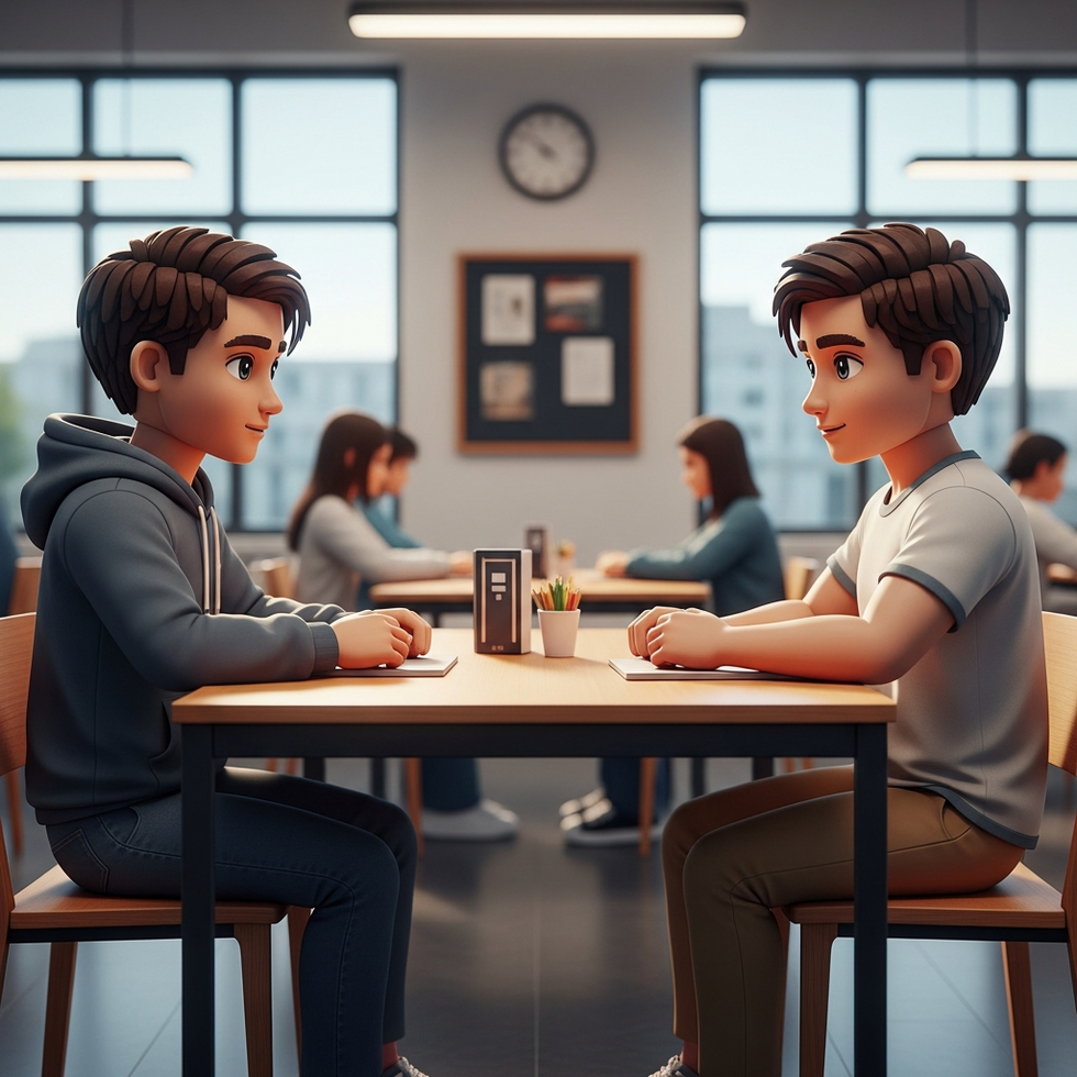 An illustration of two pixelated characters sitting at a college cafeteria table in Perfect Tides