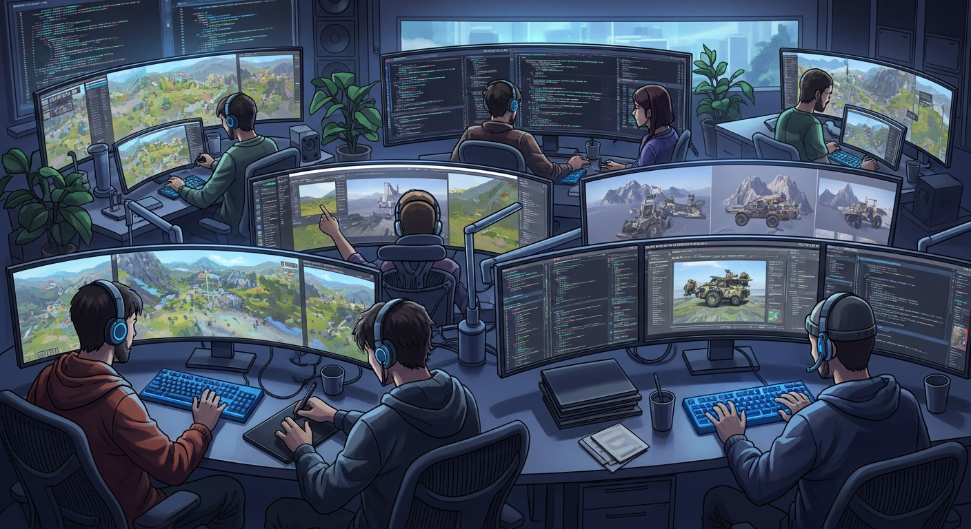 game development A concept art style image of game developers working in a studio, with screens displaying game maps, code, and camouflage pattern overlays, symbolizing behind-the-scenes mechanics work.