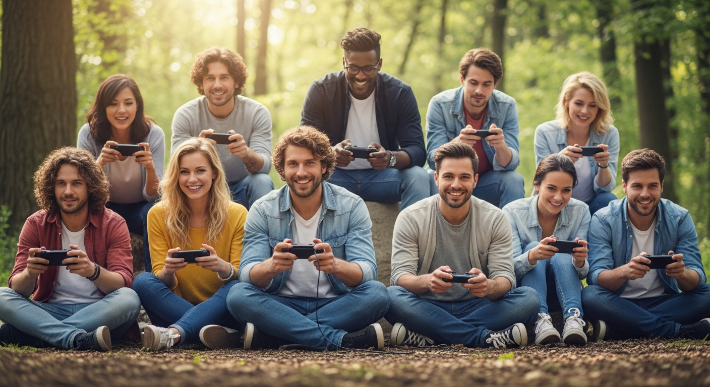 A diverse group of gaming players in a modern esports arena, some intensely focused on their devices, others celebrating a victory, illustrating the competitive divide and the social aspect of camo mastery.
