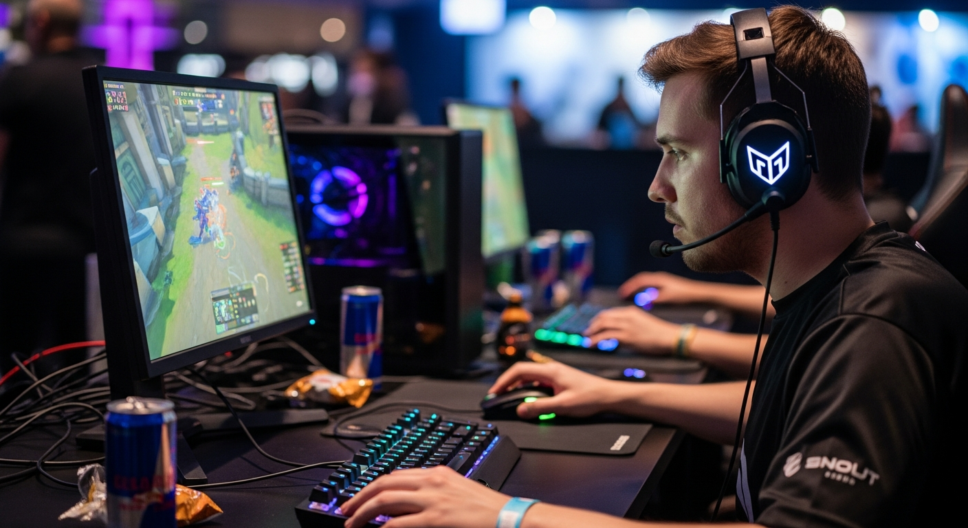 competitive gameplay A professional esports player crouched behind cover in a tournament setting, camera focus on the player’s camo weapon and intense concentration, with digital overlays of map and camo icons.