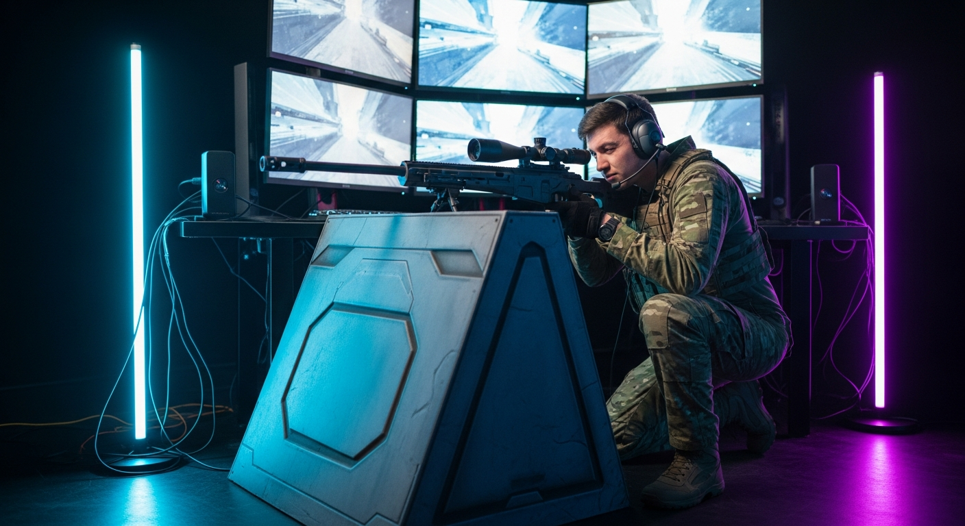 A professional esports player kneeling behind cover with a sniper rifle, wearing a camo outfit, in a dimly lit, intense gaming environment, illustrating stealth and strategic positioning.
